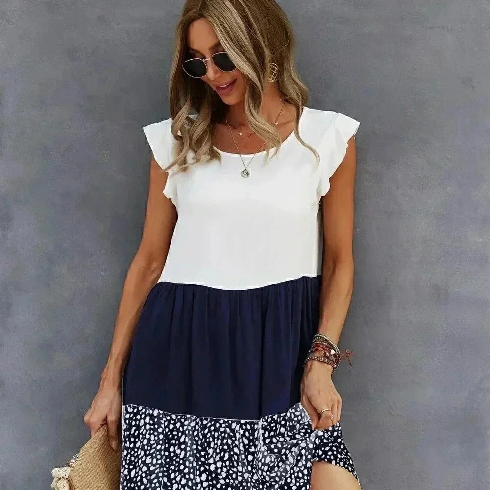 Blue & White Casual Womens Cut And Sew Babydoll Dress - Picture 4 of 5